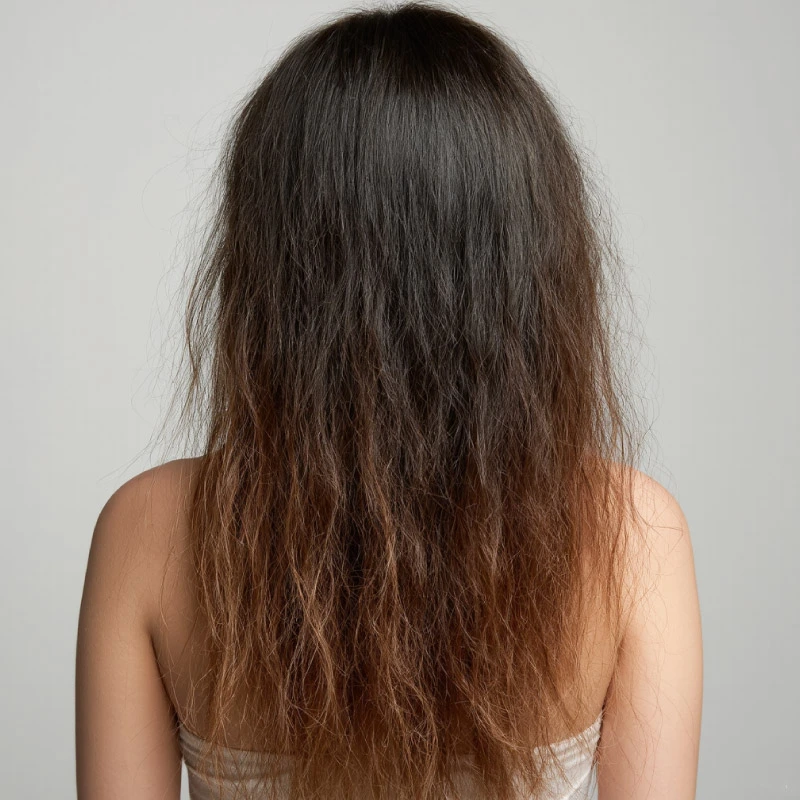 Antes de usar productos capilares Latinoil: cabello seco y con frizz Cabello seco, opaco y con frizz visto desde la parte trasera, antes de usar productos Latinoil.