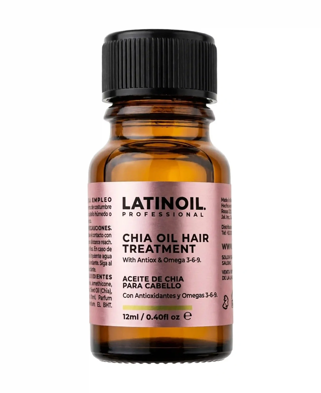 Frasco de 12 ml de Chia Oil de Latinoil, aceite capilar reparador en presentación de viaje.