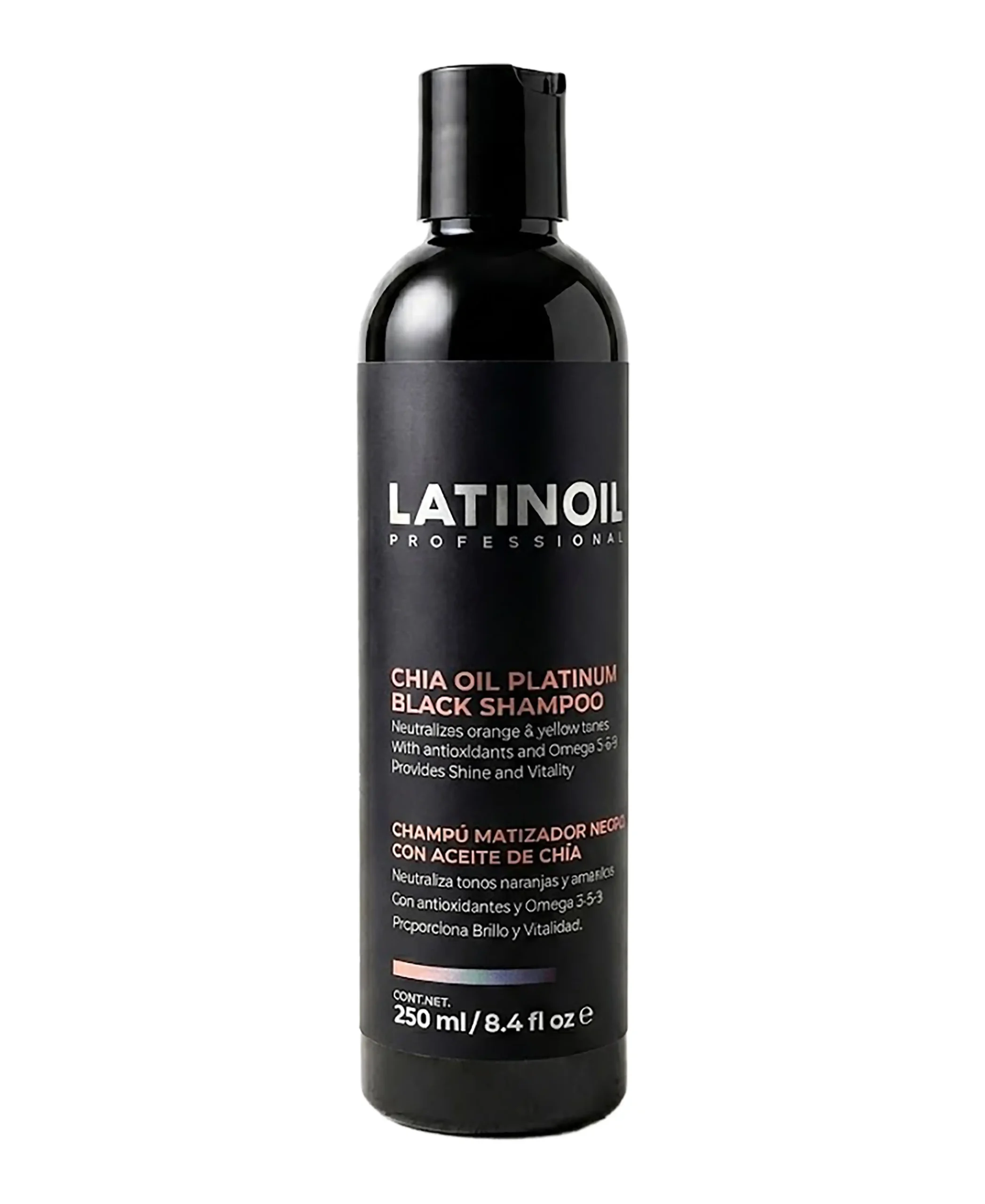Botella de Chia Oil Platinum Black Shampoo de Latinoil, shampoo matizador negro para neutralizar tonos cálidos y platinar el cabello.