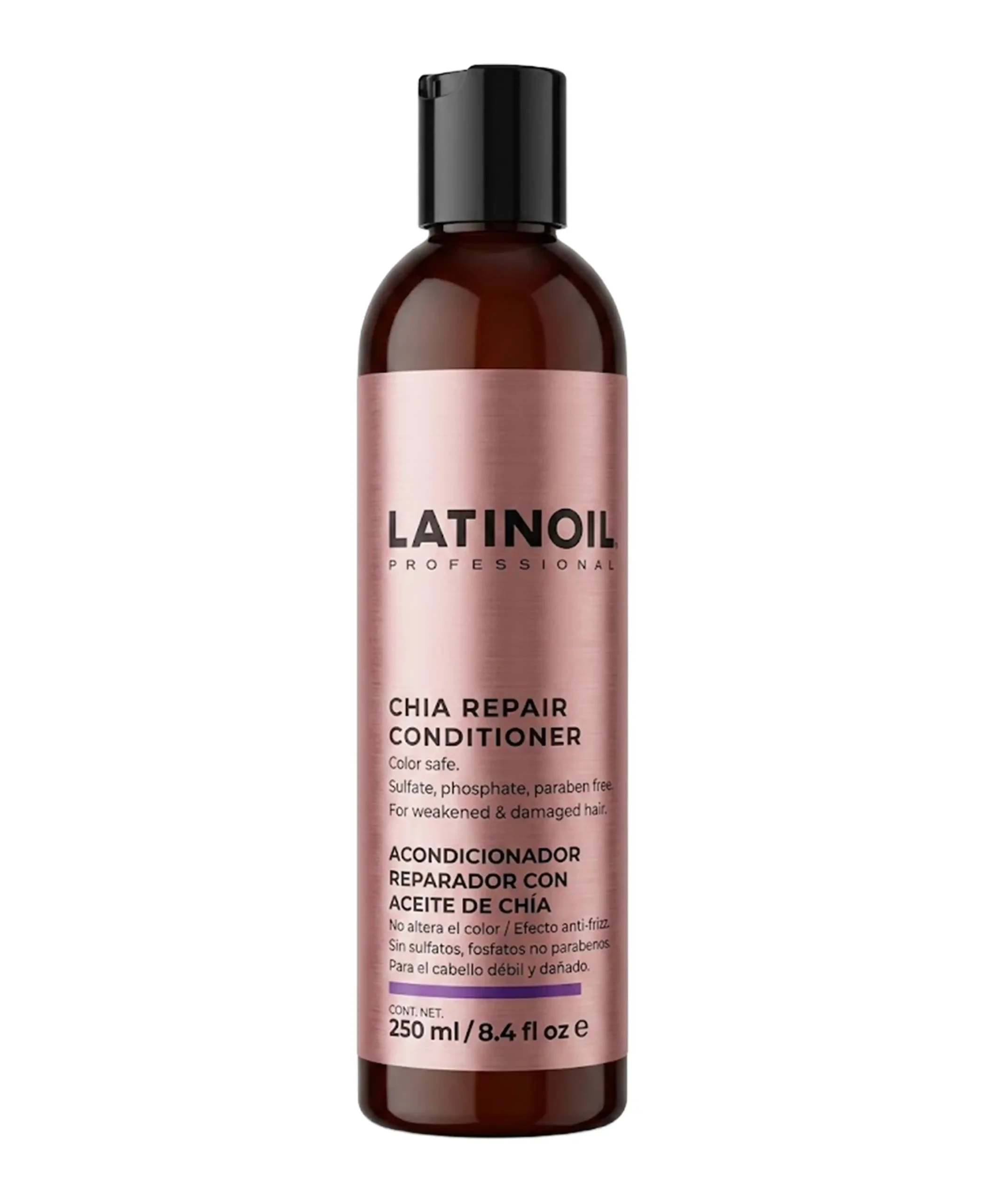 Botella de Chia Repair Conditioner de Latinoil, acondicionador reparador con aceite de chía para cabello dañado.