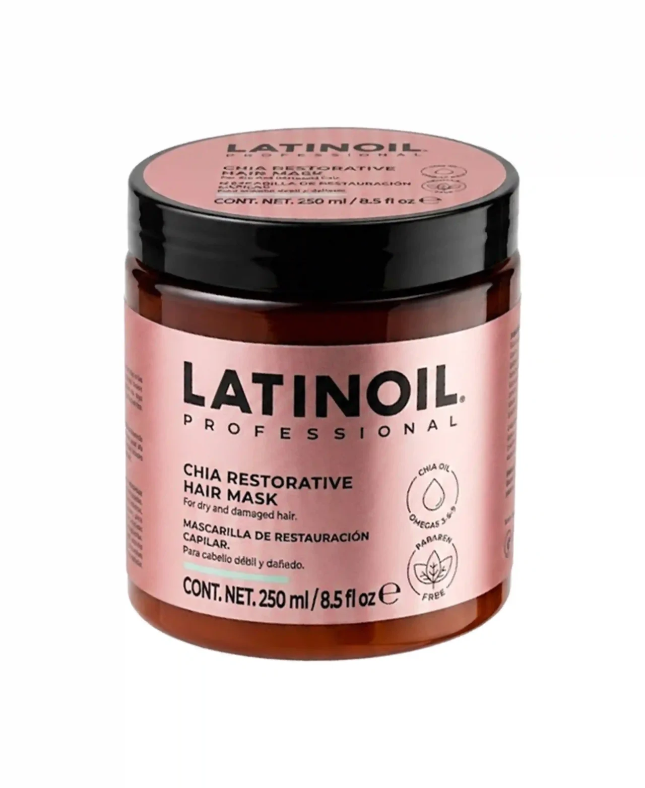 Tarro de Chia Repair Hair Mask de Latinoil, mascarilla de reparación intensiva para cabello dañado.