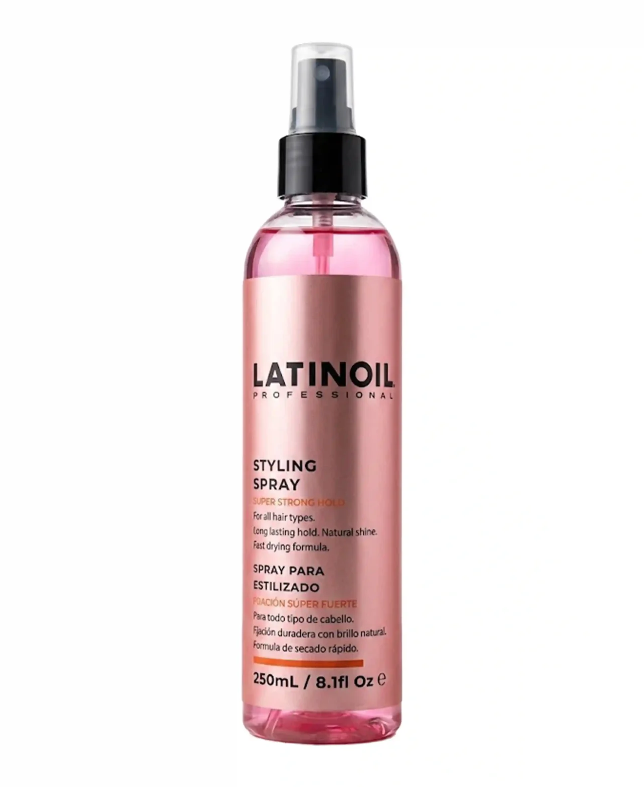 Botella de Chia Styling Spray de Latinoil, spray fijador de cabello con aceite de chía para fijación flexible.