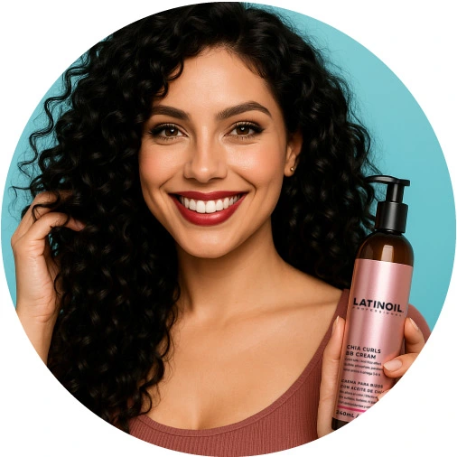 Rizos definidos con Chia Curls BB Cream Mujer con rizos definidos sosteniendo la Chia Curls BB Cream de Latinoil