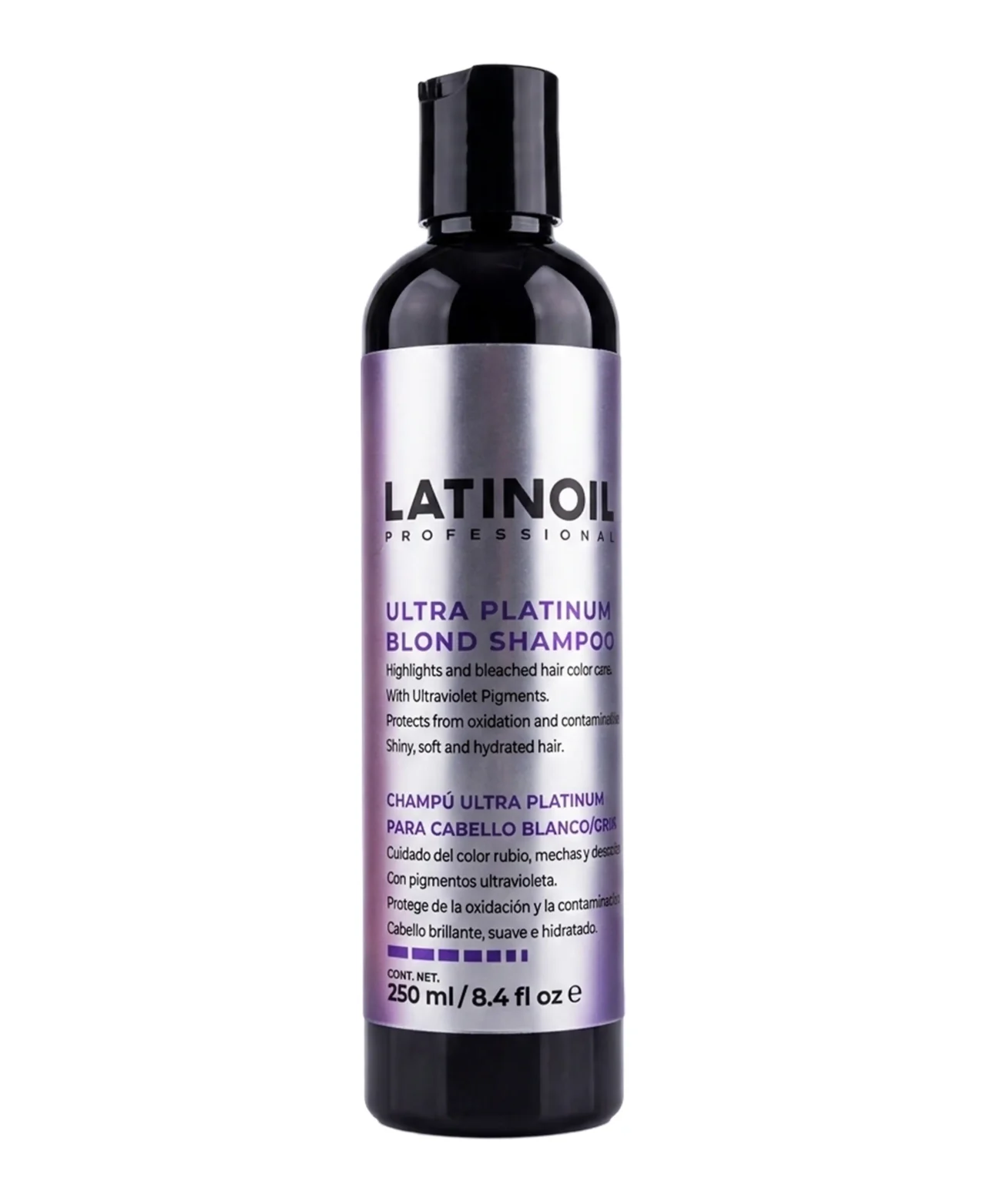 Botella de Ultra Platinum Blond Shampoo de Latinoil, shampoo matizador morado para cabello rubio o decolorado.