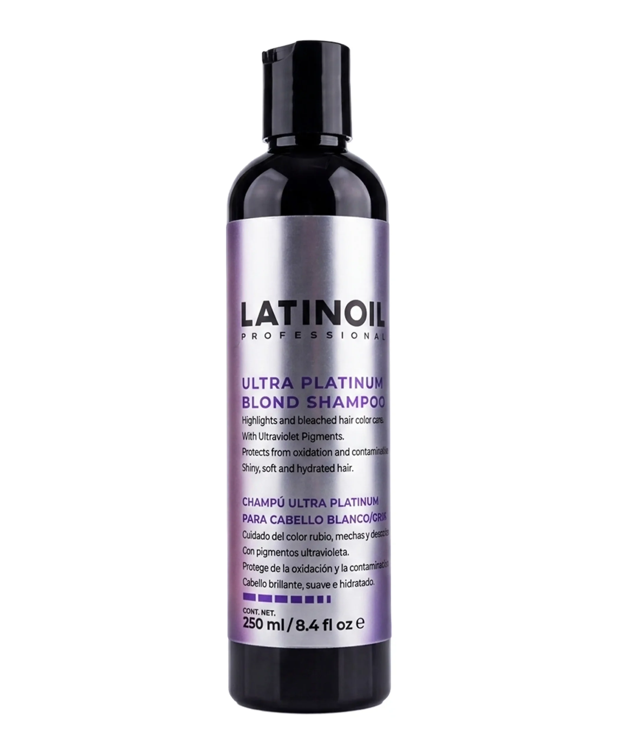Botella de Ultra Platinum Blond Shampoo de Latinoil, shampoo matizador morado para cabello rubio o decolorado.