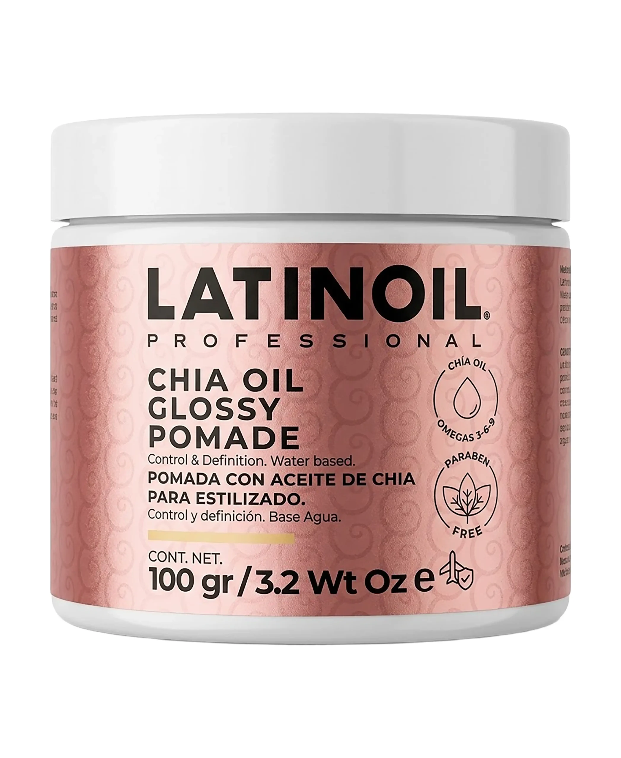 Tarro de Chia Oil Glossy Pomade de Latinoil, pomada capilar para peinar con acabado brillante.