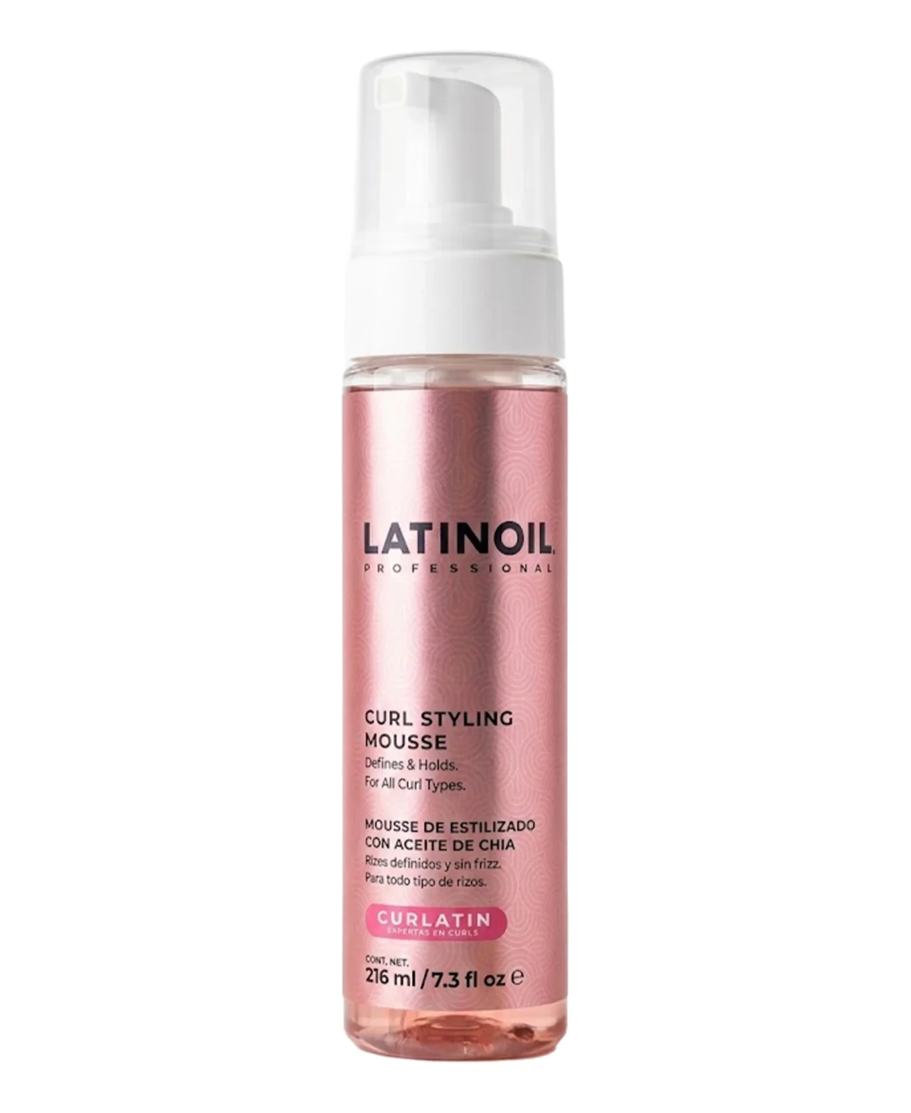 Producto capilar Latinoil Curl Style Mousse para hidratar y controlar el frizz en cabello rizado.