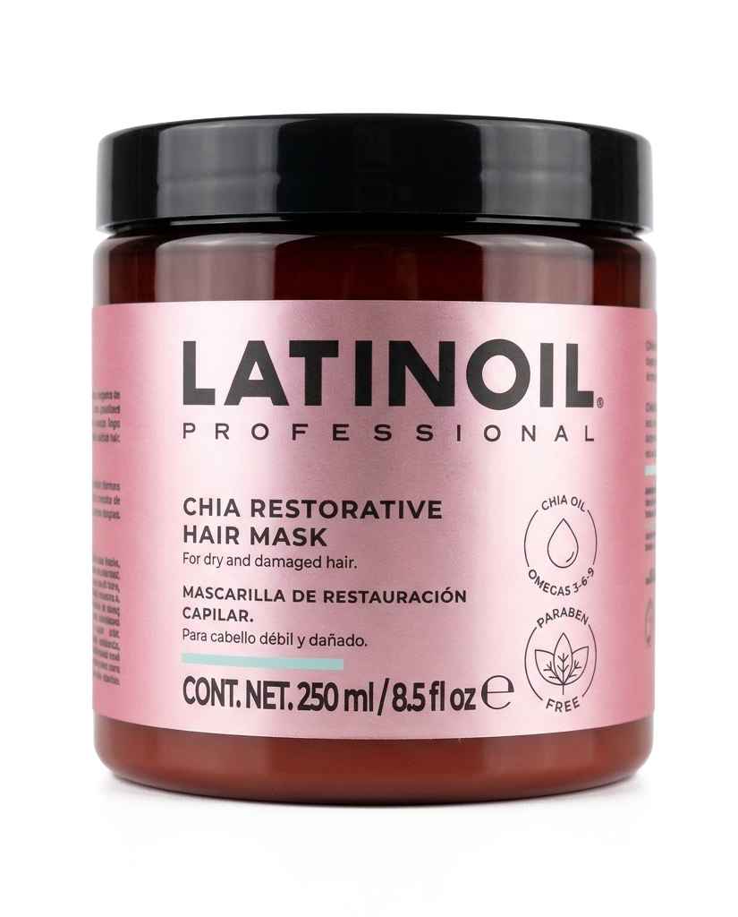 Tarro de 250 ml de mascarilla de restauración capilar Latinoil Chia Restoractive Hair Mask, tratamiento intensivo con aceite de chía para cabello débil y dañado.